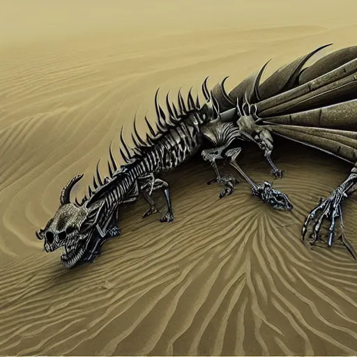 Image similar to “a huge skeleton of a dragon lying in the sands of the desert, atmospheric, concept art, high quality”