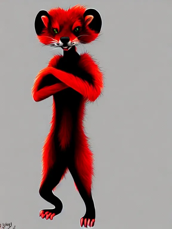 Image similar to furry - male - red - black - weasel - chaos theorist - fursona, photorealistic, trending on weasyl