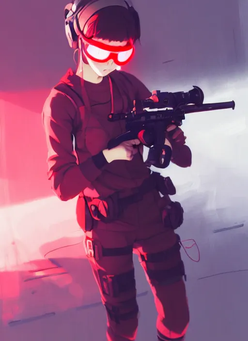 Prompt: a girl with red sports clothes, airsoft mask, reflective lens, softair center landscape, illustration, concept art, anime key visual, trending pixiv fanbox, by wlop and greg rutkowski and makoto shinkai and studio ghibli and kyoto animation, airsoft cqb, short hair, airsoft electric pistol, realistic anatomy