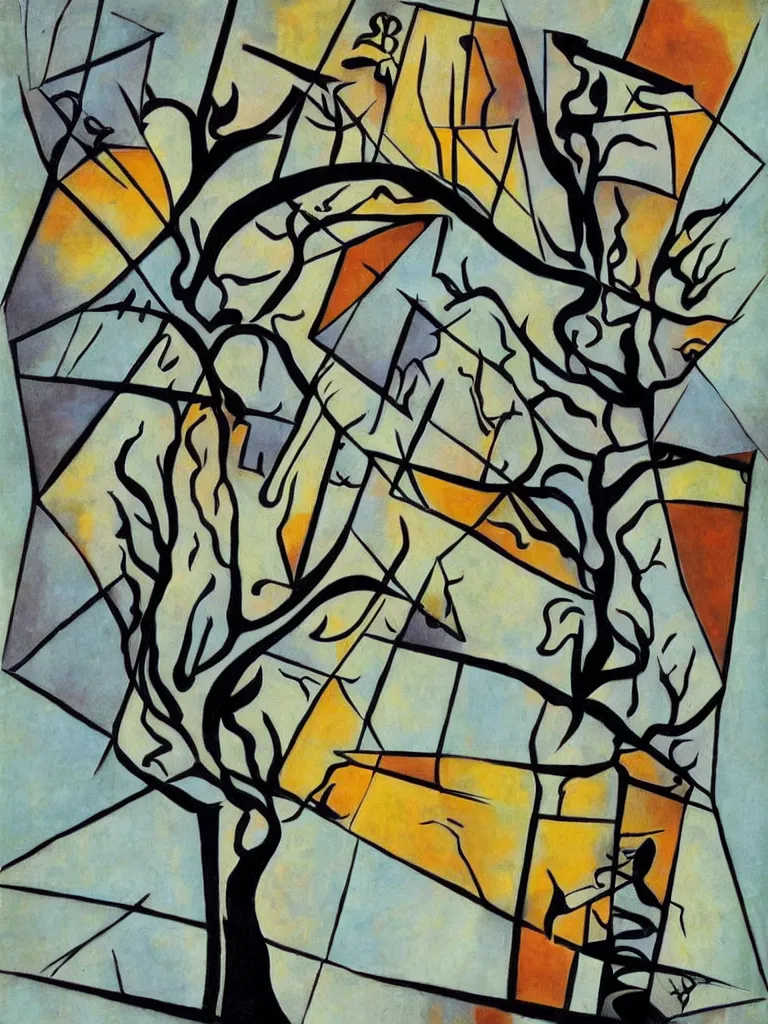 Image similar to cubist artwork of a tree, in the style of Salvador Dalí