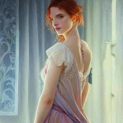 Image similar to ultra realistic illustration, bella thorne, nightgown, intricate, elegant, highly detailed, digital painting, artstation, concept art, smooth, sharp focus, illustration, art by artgerm and greg rutkowski and alphonse mucha