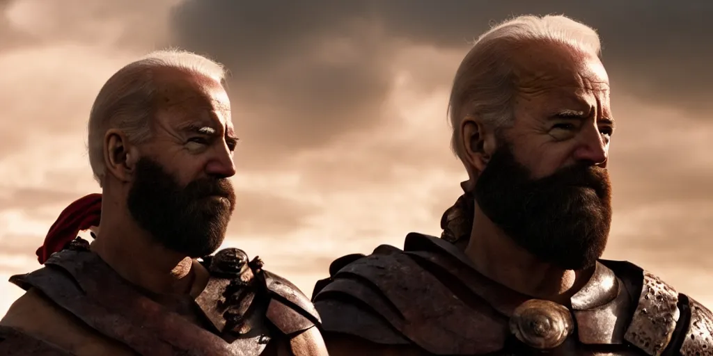 Image similar to epic cinematic film still of joe biden as leonidas in the movie 3 0 0, golden hour lighting, moody sky, 8 k