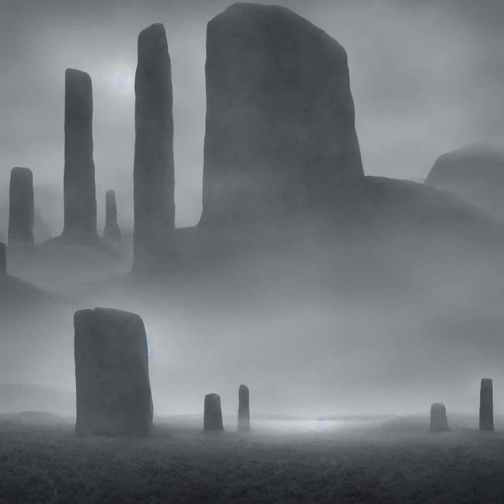 Prompt: landscape with monoliths, surrealism, low contrast, mist