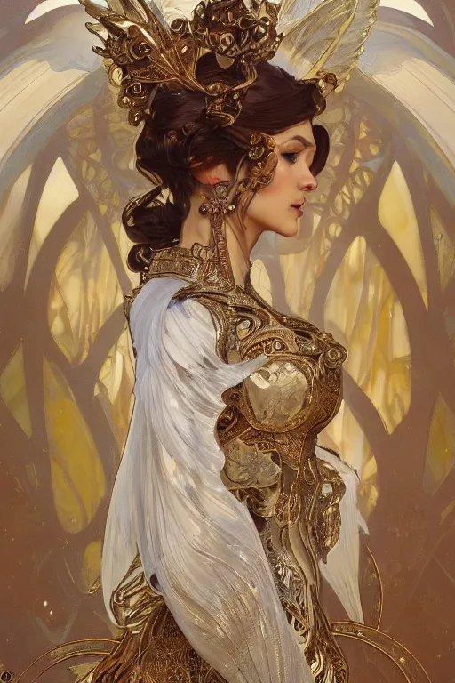 Image similar to full body portrait of a queen wearing white armor with ornate bronze and gold, white gossamer wings, art nouveau, profile, 4K, character concept art, oil painting, trending in artstation, cgsociety, by nekro, Alphonse Mucha, Artgerm, Greg Rutkowski and Craig Mullins