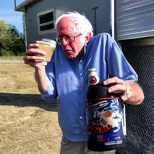 Image similar to Bernie sanders with a mullet drinking a pbr in a trailer park