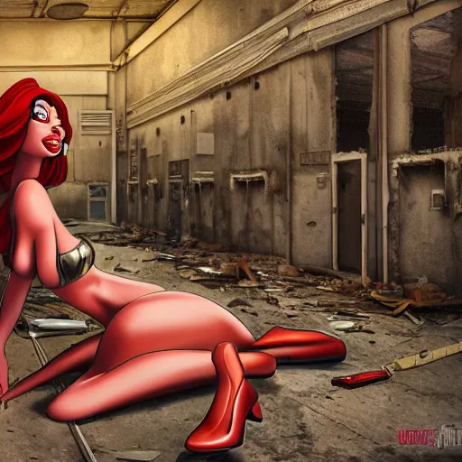 Image similar to Jessica rabbit in an abandoned building, realistic, hyper detail, very detailed, cinematic, ultra details, futuristic, photorealistic, bikini, dark, insanely detailed, revealing,