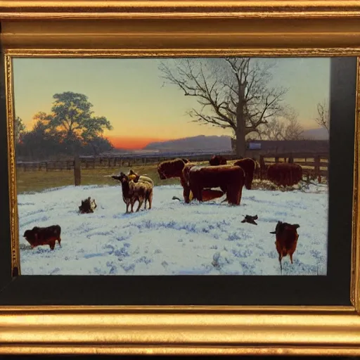 Image similar to an extremely detailed matte painting of a rancher feeding the animals at sunrise, dog, cows, sheep, chickens, ducks, 4 k, ranch the morning after a light snowfall, by bob ross and norman rockwell