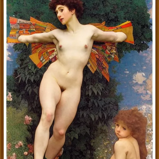 Image similar to stairway to heaven, dynamic contrapposto, william - adolphe bouguereau, egon schiele, gustav klimt, alphonse mucha