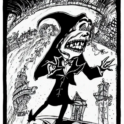 Image similar to black and white trippy comic art of dracula the vampire roller skating on roller skates, drawn by martin rowson, tim burton, studio ghibli, alex pardee, nekro petros afshar, james mcdermott, surrealist, cgsociety 4 k