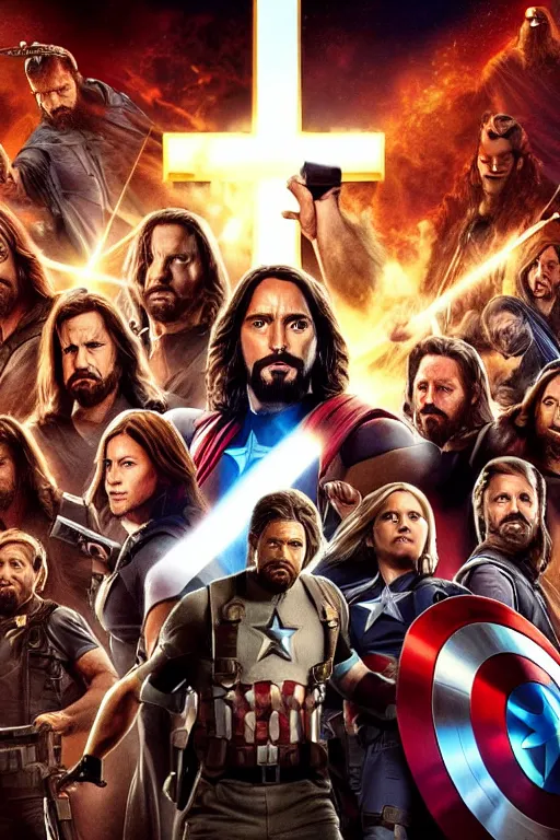 Image similar to poster for a jesus christ avengers movie, jesus posing with his cross as a weapon, photorealistic, cinematic lighting, extremely detailed, marvel cinematic universe