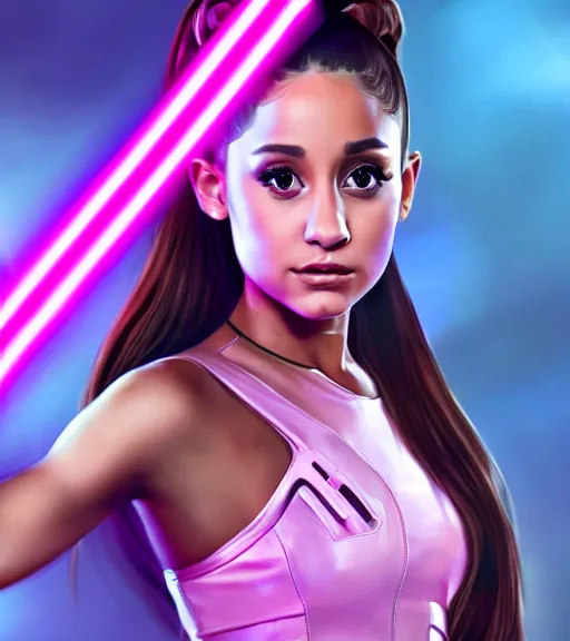 Image similar to A hyper realistic photo of Ariana Grande in the Star Wars universe with two pink lightsabers held in each hand. Maximum detail on artstation, photo realism