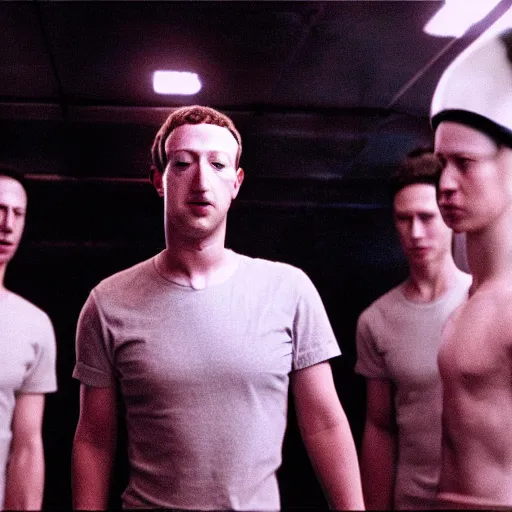 Prompt: mark zuckerberg inspecting the failed clones experiments of himself from the movie Alien Resurrection directed by Jean-Pierre Jeunet.