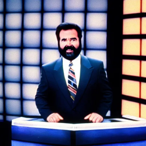 Image similar to Billy Mays hosting Jeopardy, VHS tape footage, 1991, the set of Jeopardy