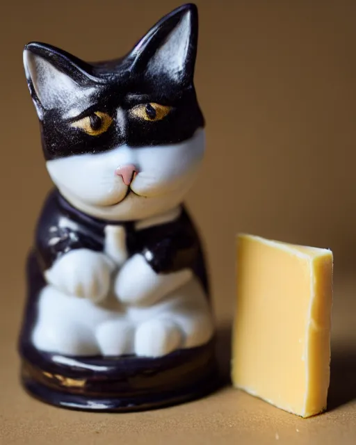 Prompt: high quality presentation photo of a detailed porcelain figurine of a cute cat dressed as Napoleon holding a piece of cheese, photography 4k, f1.8 anamorphic, bokeh, 4k, Canon, Nikon