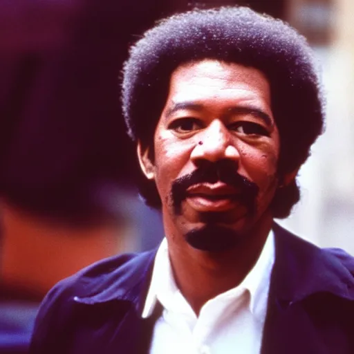 Image similar to a 1970s film still of Morgan Freeman dressed as Lionel Richie, 40mm lens, shallow depth of field, split lighting