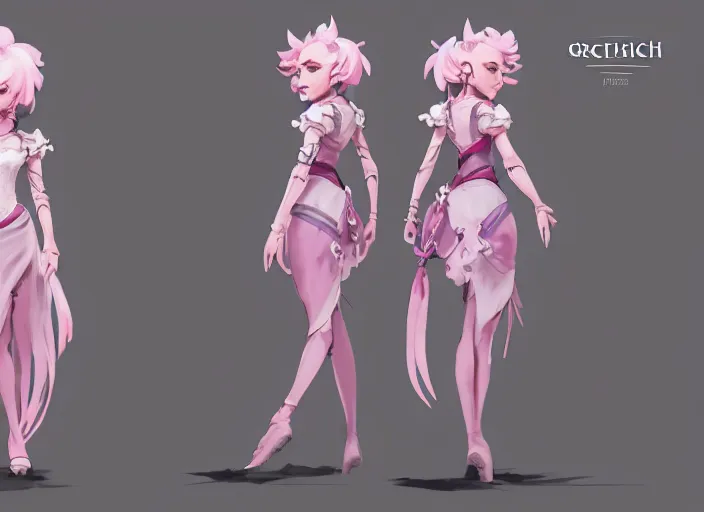 Prompt: character sheet for a beautiful and cute girl for genshin impact by greg rutkowski, black to light pink fade hair, genshin impact style, overwatch style, sorcerer magic witch, digital art, trending on artstation, hd, 8 k, highly detailed, good lighting, beautiful, masterpiece