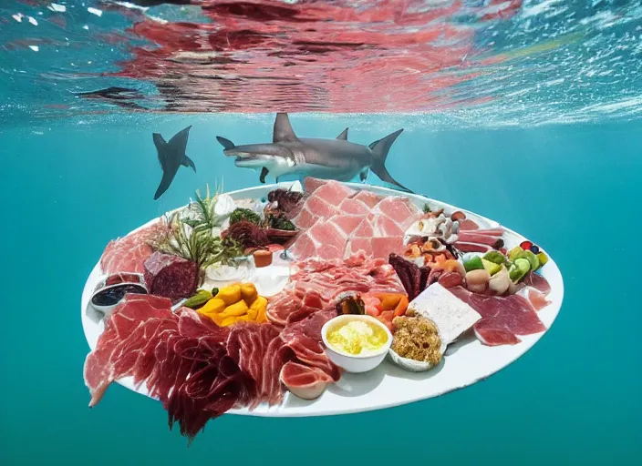 Image similar to underwater photo still of a great white shark eating a charcuterie platter at the bottom of the ocean, underwater lighting, light rays, bubbles, 8 k