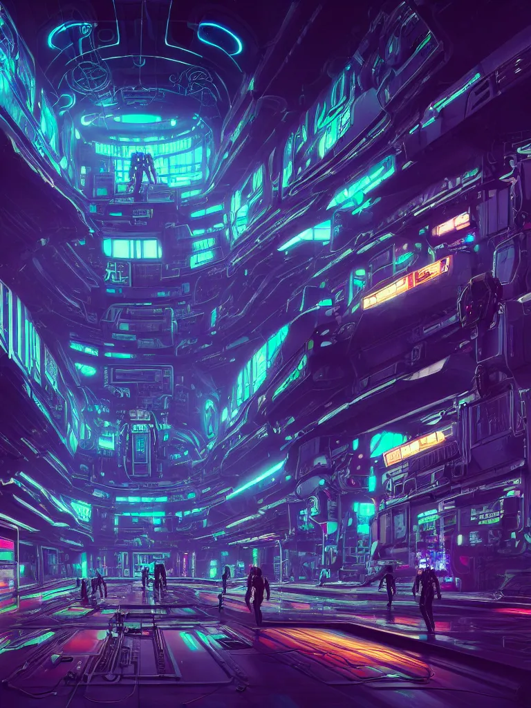 Image similar to the interior of a celestial spaceship cyberpunk hangar in a bioluminescent walls decorated beautifully, lots of cyberpunk design elements like humanoids and mecha robots, warm sunlight shining in, lots of cables and neon signs, concept art 8 k resolution, fantasy illustration, sharp focus, detailed painting, deep color, volumetric lighting, crepuscular rays