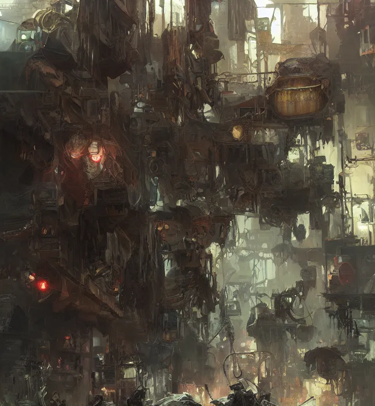 Image similar to a painting of death dealer junkyard cyberpunk, by jeremy mann, krenz cushart, artem demura, alphonse mucha, intricate, elegant, highly detailed, digital painting, artstation, concept art, smooth, sharp focus, illustration, art