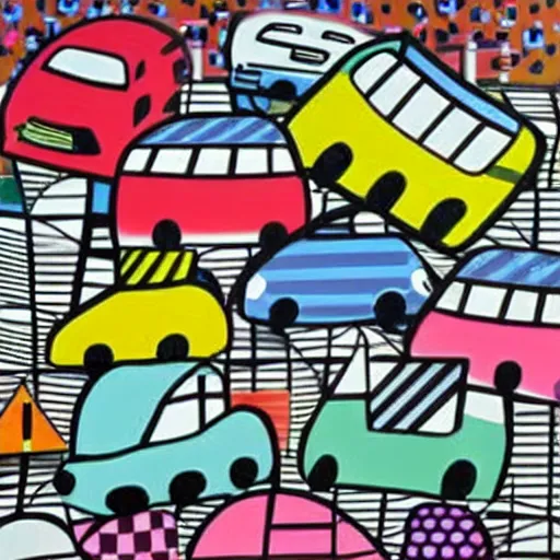 Image similar to cars in the city, painting by romero britto