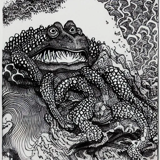 Image similar to deep camouflage angry toad evil eyes poking out eyes from under the water ultra sharp blur background simple background psychedelic contour ink drawing gustave dore katshushika Hokusai big eyes