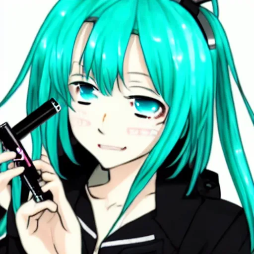 Image similar to hatsune miku high on weed with bloodshot eyes smoking with a vape pen.