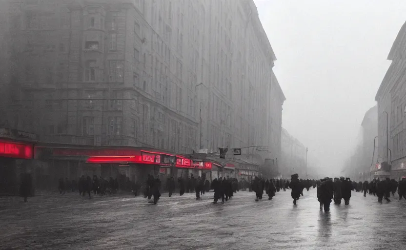 Image similar to 40s movie still of a sovietic street with many pedestrians with stalinist style building, Cinestill 800t 18mm, heavy grainy picture, very detailed, high quality, 4k panoramic, HD criterion, dramatic lightning, streetlight at night, rain, mud, foggy, soviet flags