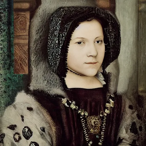 Prompt: skudy of a pretty young woman. exceptional lighting highlights her faces features by hans holbein the younger.
