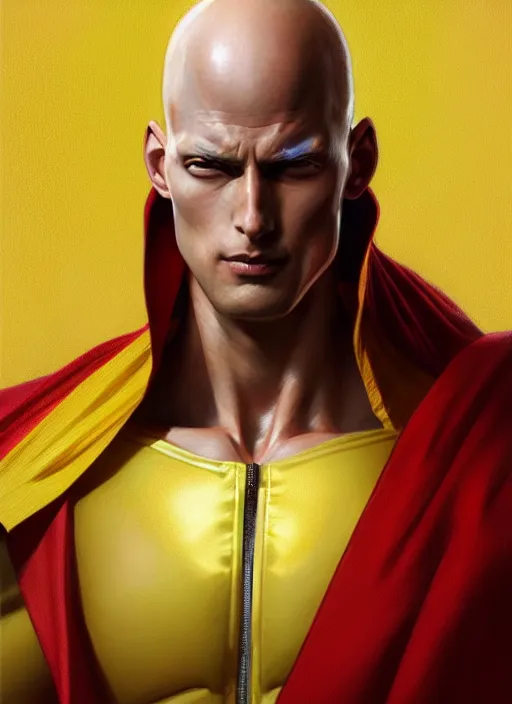 Image similar to ultra realistic illustration, handsome saitama. yellow and red cape, intricate, elegant, highly detailed, digital painting, artstation, concept art, smooth, sharp focus, illustration, art by artgerm and greg rutkowski and alphonse mucha and wlop