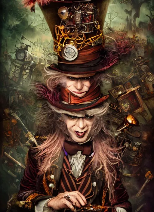 Prompt: mad hatter, steampunk style, highly detailed, cinematic, 8 k, by megan duncanson, benjamin lacombe, adrian borda, stanley artgermm, tom bagshaw, craig mullins, carne griffiths, ayami kojima, beksinski, giger, trending on deviantart, hyper detailed, horror, full of colour