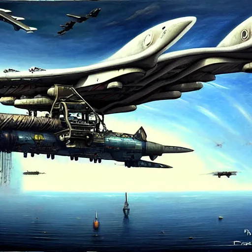 Prompt: giant flying warship, retrofuture planes, diesel punk, realistic and detailed painting, by paul roman martinez