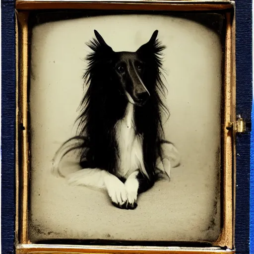 Prompt: A daguerreotype photograph of a Borzoi.