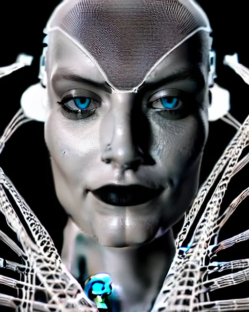 Image similar to black and white cyborg-plant goddess high quality fashion portrait, artificial intelligence, bio-mechanical bio-luminescence, artificial spider web, neurons, nerve cells, octane render, cinematic, hyper realism, photo-realistic, high detail, 8k, in the style of Steven Meisel and Dora Maar and H.G. Giger