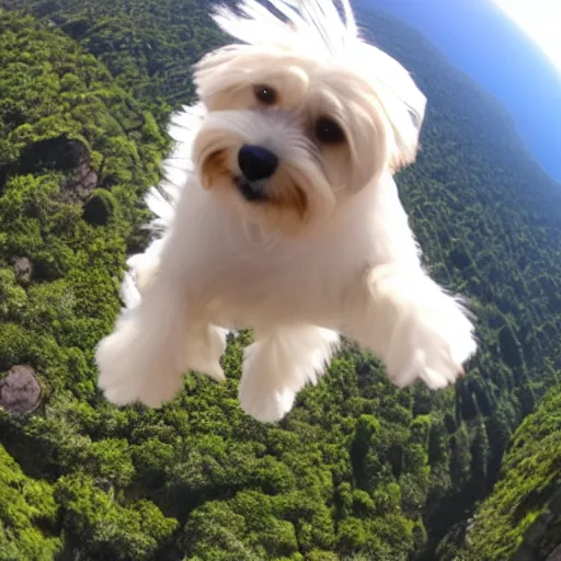 Image similar to a cream-colored havanese base jumping, gopro photo, 4k