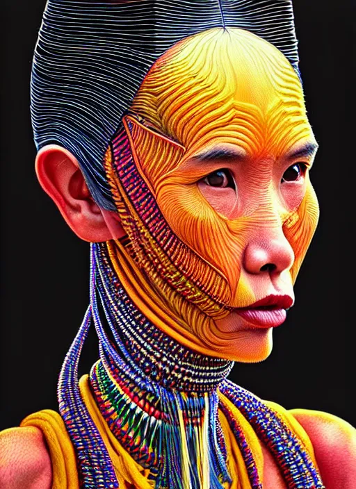 Image similar to portrait of catriona balfe, hyper detailed ultra sharp kayan people ( myanmar ) long - neck woman. trending on artstation, warpaint aesthetic, colorful, psychedelic, ornate, intricate, digital painting, concept art, smooth, sharp focus, illustration, art by artgerm and greg rutkowski and h. r. giger, 8 k