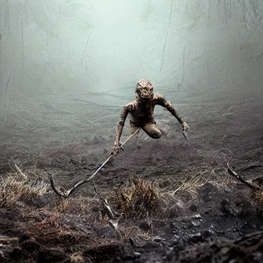 Image similar to a peat bog mummy climbing from the bog, snarling and angry, hyper realistic, photo, midday, rain