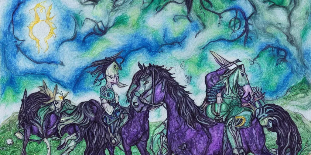 Image similar to Dullahan, dashing down the moor, bats, Celtic, horse, fae, teal, black, blue, clouds, ravens, gothic, moody colors, watercolor, colored pencil, metallic, traditional medium, highly detailed, textured canvas, Lisa Frank