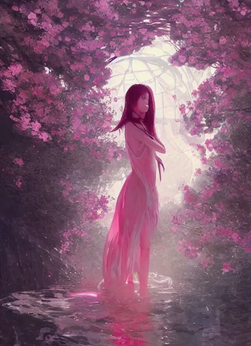 Image similar to lee jin - eun wearing luxurious dress emerging from pink water with cyberpunk theme by greg rutkowski, claude monet, conrad roset, takato yomamoto, rule of thirds, seductive look, beautiful, sakura flowers, dreamy,
