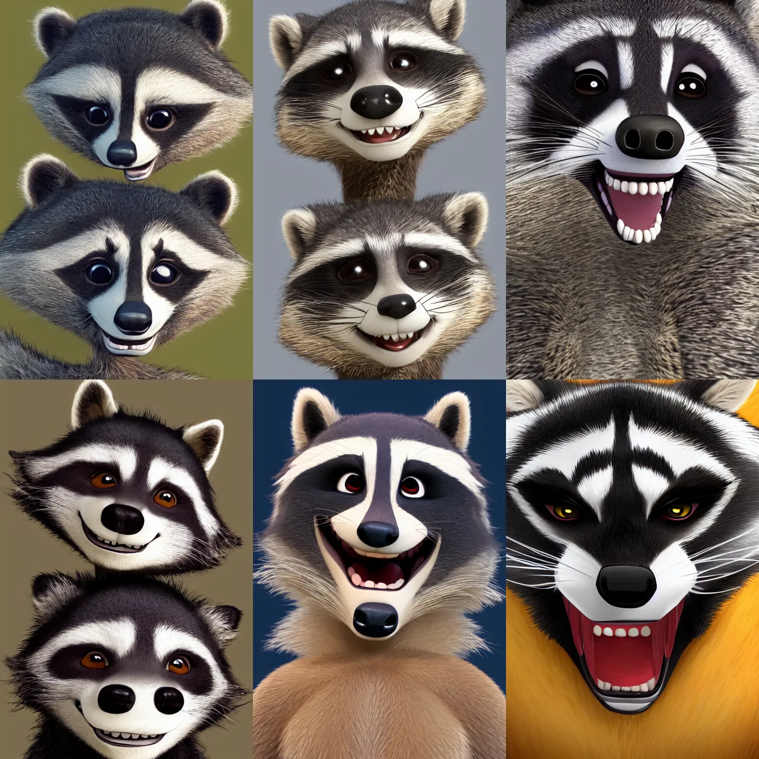 Prompt: a DreamWorks styled raccoon character portrait, highly detailed, smiling