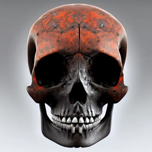 Image similar to real human skull with circular orange electronic led eyes in eye holes