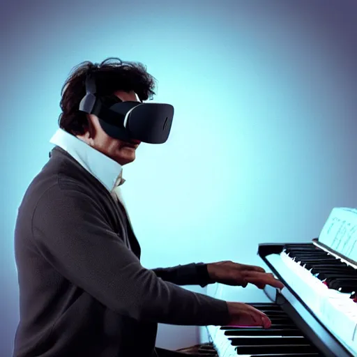 Image similar to beethoven composing at the piano, wearing a vr headset, dim lighting, dark room, candle light