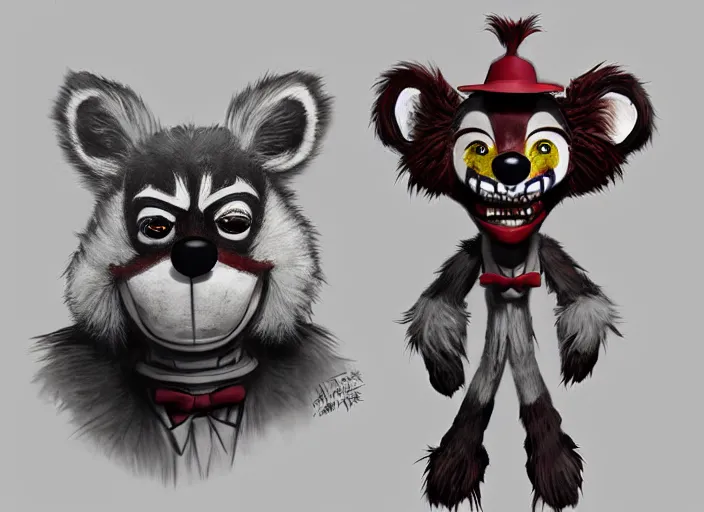 Image similar to award - winning detailed concept art of a creepy clown fnaf animatronic puppet anthropomorphic raccoon character wearing clown makeup face paint. art by wlop on bcy. net, realistic. detailed fur, art by cheng yi. artstationhd, artgerm, 3 dcg, pixar zootopia. 3 d rendering, high quality disney model sheet detailed