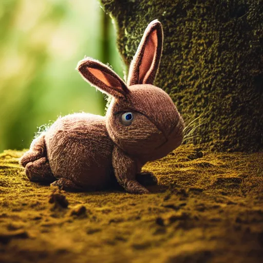 Image similar to a photo of a little brown ninja bunny that is a plush muppet wearing a cool ninja outfit and posed out in nature, photorealistic, photography, ambient occlusion, rtx, national geographic