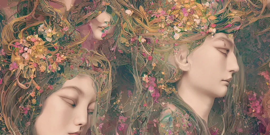 Image similar to breathtaking detailed concept art painting kaleidoscope art deco pattern of blonde faces goddesses amalmation flowers, by hsiao - ron cheng, bizarre compositions, exquisite detail, extremely moody lighting, 8 k