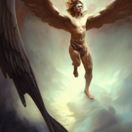 Image similar to full body shot of a male god with wings on his shoulder, highly detailed, by raymond swanland and peter mohrbacher, face by odd nerdrum, character concept art, hyperrealistic, digital paint, rule of third, fantasy, elegant, matte, 4 k, cinematic lighting