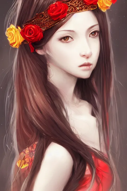 Image similar to high quality digital portrait of woman with long black hair, red eyes, red headband, golden roses in hair, anime, face, fantasy, intricate, elegant, highly detailed, digital painting, concept art, smooth, sharp focus, illustration, art by hiromu arakawa, krenz cushart, sui ishida, trending on artstation