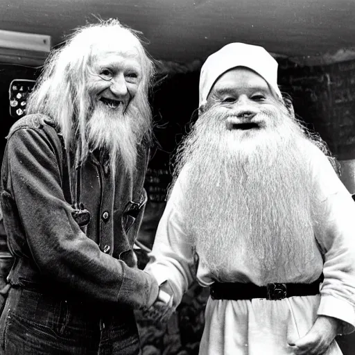 Image similar to daevid allen shaking hands with a real - life gnome