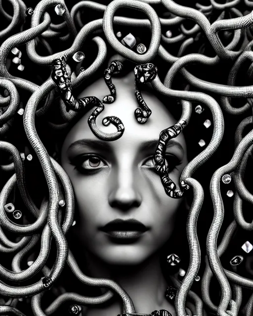 Image similar to surreal mythical dreamy artistic black and white fine art photo of a beautiful young female queen - medusa - cyborg covered with metal fish scales and translucent algae, highly detailed, intricate crystal ivy jelly fish scales ornate, poetic, octane render, 8 k, photo - realistic