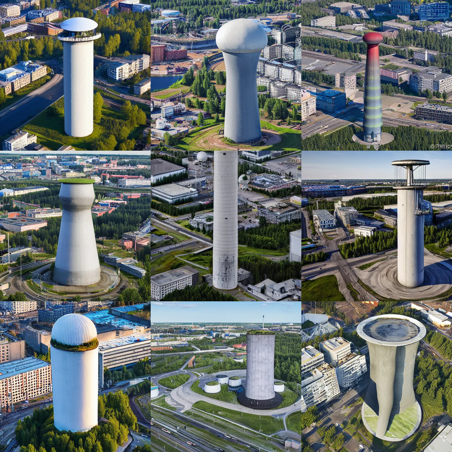 Prompt: myllypuro water tower, mushroom shaped, concrete, gigantic, aerial photograph, helsinki, finland, realistic 2 0 2 2, detailed