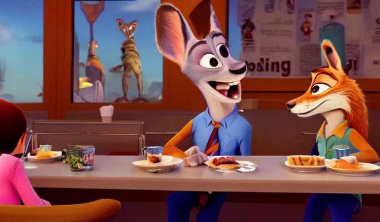 Prompt: A scene from Zootopia. Nick cries at the diner. Pixar Digital Movies